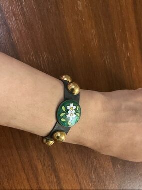 Artisan Made Vegan Leather Bracelet with Green Floral Medallion and Gold Studs